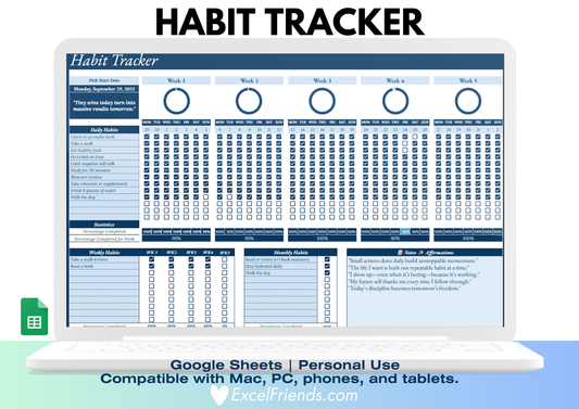 Google Sheets Habit Tracker with Bonus Habits Building Journal