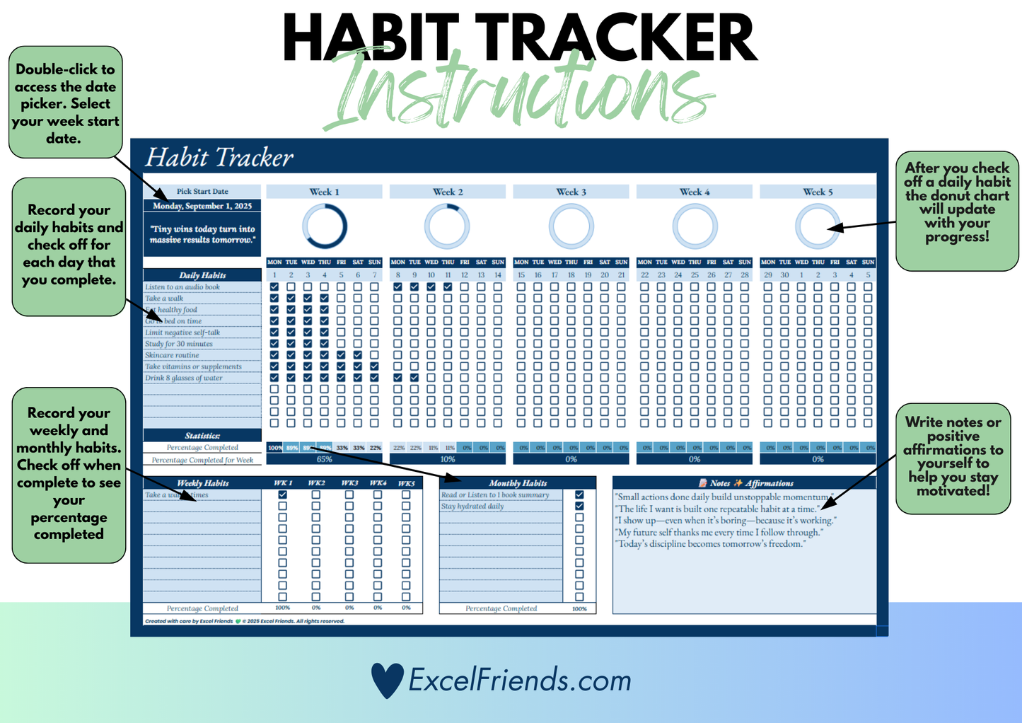 Google Sheets Habit Tracker with Bonus Habits Building Journal