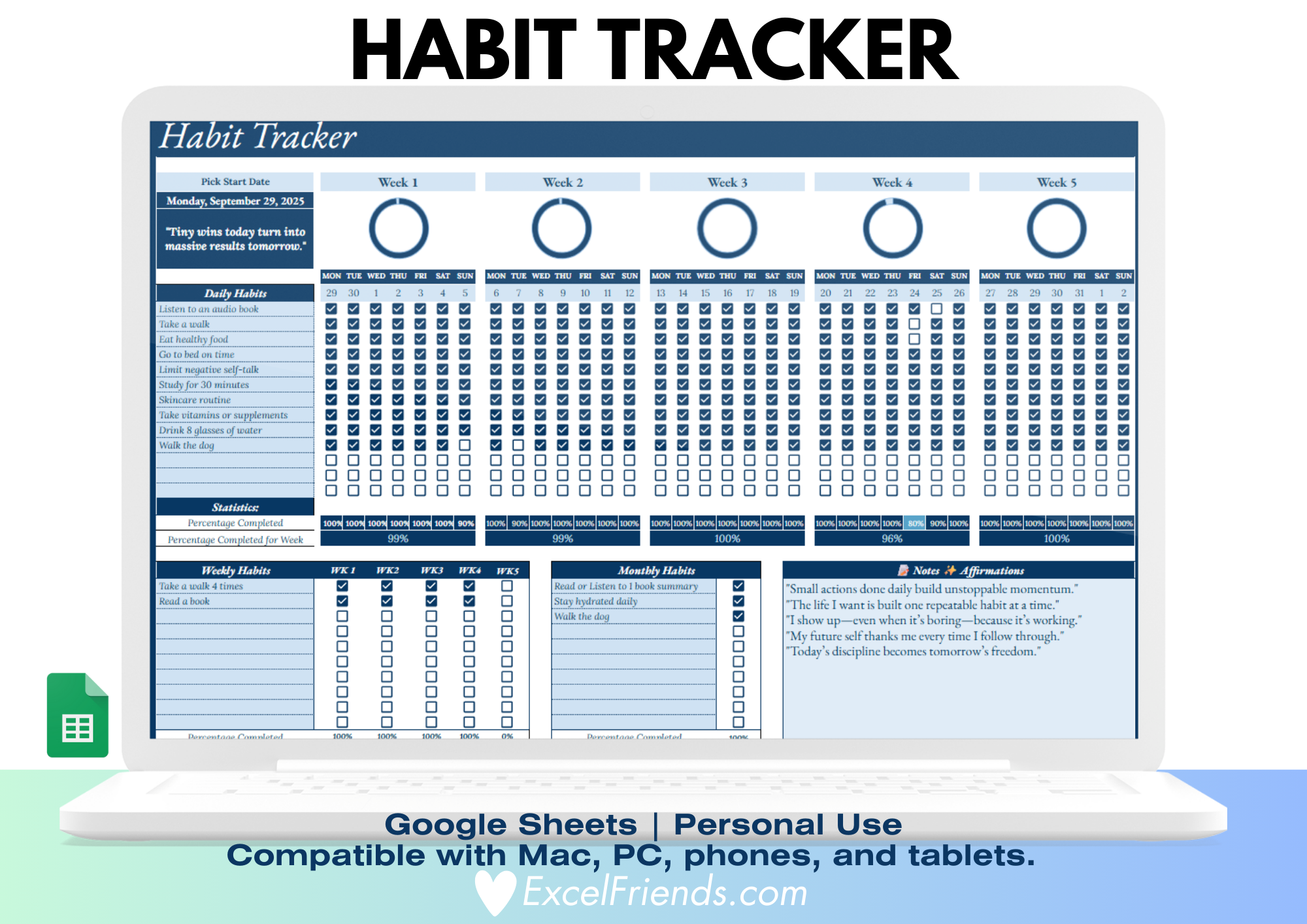 Excel Friends habit tracker plus daily habits journal video